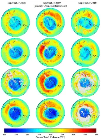 Fig. 5. Antarctic projection of IASI total ozone columns (DU) retrieved from the FORLI-O3 algo- algo-rithm