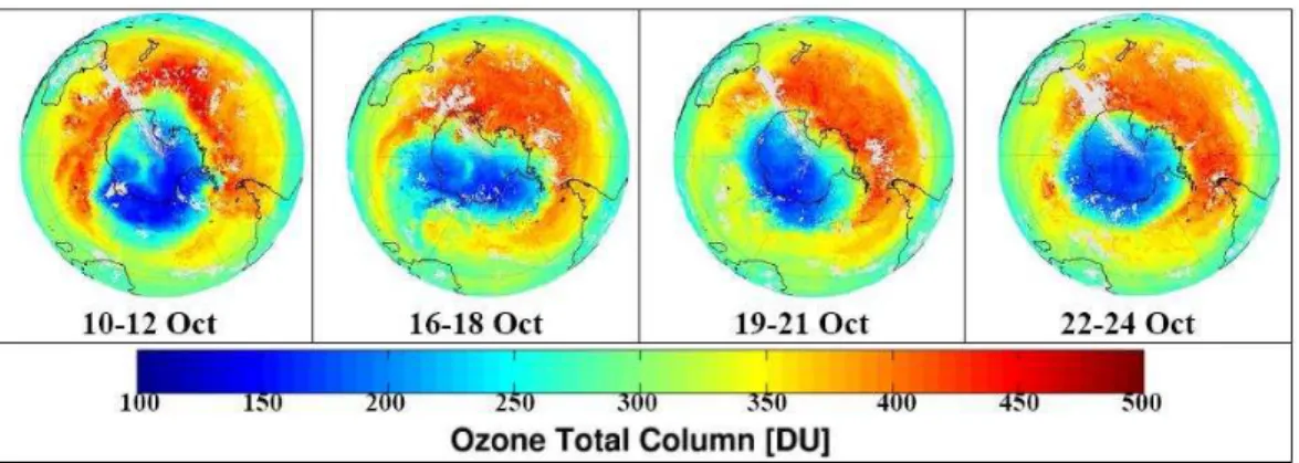 Fig. 7. Antarctic projections of the total ozone column distributions averaged over 3 day periods in October 2009