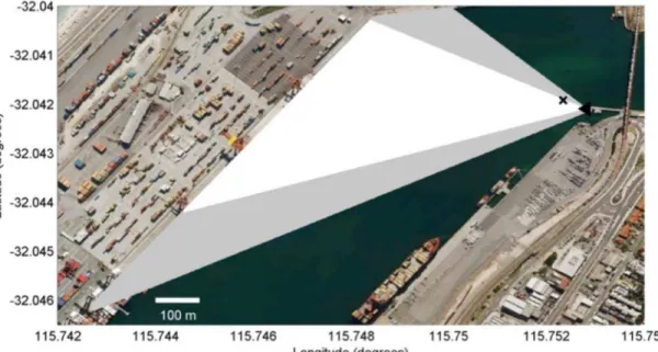 Fig 4. Field of view. The area covered by the still (grey and white) and video (white) cameras and the location of the camera tower (black triangle), and dolphin (black cross).