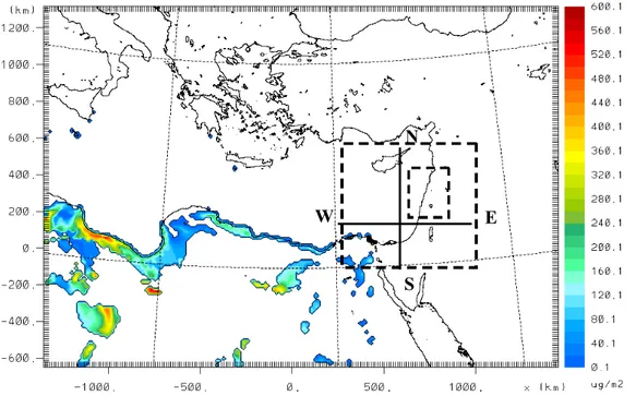 Fig. 7. Dust flux in µg m − 2 on 27 January 2003 09:00 UTC. Dashed rectangles indicate the location of the nested domains