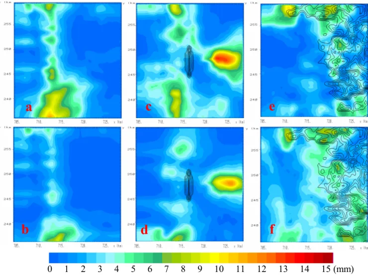 Fig. 5. Four hour accumulated precipitation (colour palette in mm) and 50 m topographic line contours