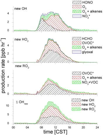 Fig. 1. Diurnal profiles of new RO x radical formation from different sources. The categories marked with a star (*) indicate that the reactants are not constrained by measurements