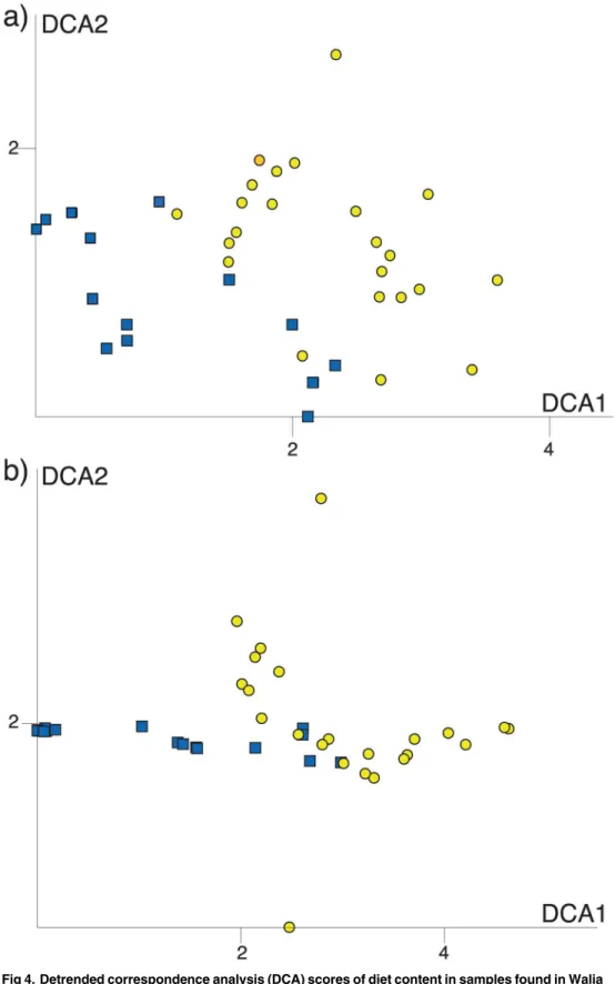 Fig 4. Detrended correspondence analysis (DCA) scores of diet content in samples found in Walia ibex (yellow circles) and domestic goat (blue squares)