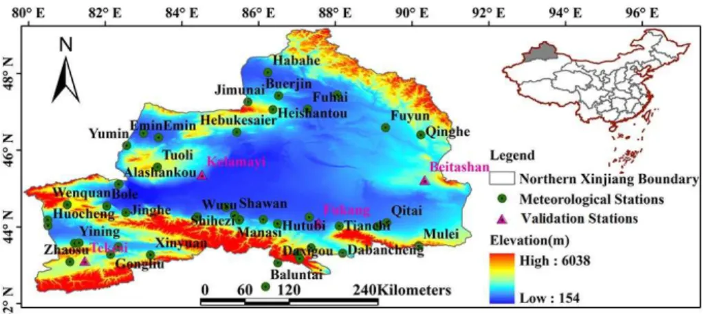 Figure 1. Distribution of meteorological stations in northern Xinjiang Province, China.