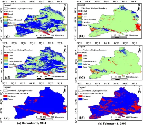 Figure 4. Maps of snow cover areas on 1 December 2004 (left column) and 1 February 2005 (right column), derived from (a1 and b1) MOD10A1, (a2 and b2) MD10A1, and (a3 and b3) the cloud-removed images.