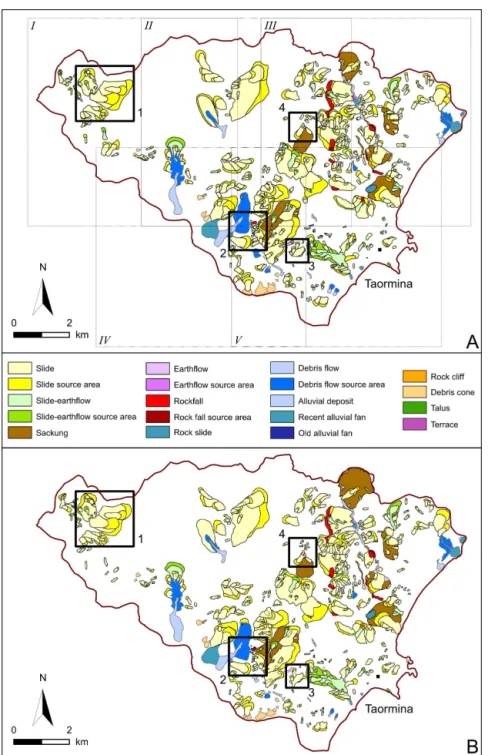 Figure 7. Landslide inventory maps (LIMs) obtained using (a) the consolidated manual procedure, and (b) the new semi-automatic procedure.