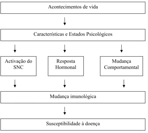 Figura 1. Relação entre acontecimentos de vida, características e estados psicológicos e  mudança imunológica (Adaptado a partir de Cohen &amp; Herbert, 1996, cit