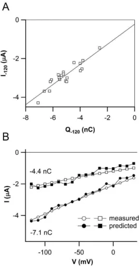 Figure 4. Properties of charge movement. A) Relation between I -120 and Q -120 for 20 individual oocytes; the linear regression (r = 0.92) gives a slope of 520 6 53 nA nC 21 or s 21 
