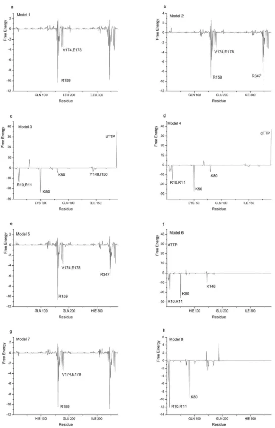 Fig 7. MM-PBSA energy decompositions (kcal/mol) into the residues of each models. The key residues in each model are labeled.