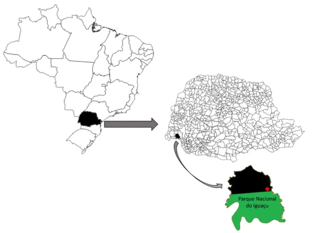 Figura 1 – Mapa do Brasil, do estado do Paraná e do município de Serranópolis do Iguaçu