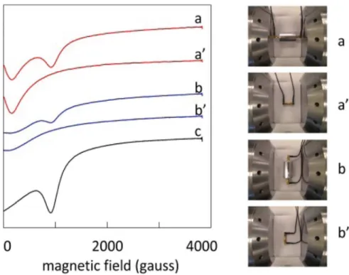 Figure 7. Transmission EPR of solid MnSO 4 ? H 2 O in a 42 mm standard cell. Traces a and a’ are for TEM || B orientation, and traces b and b’ are for TEM H B