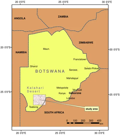 Fig. 1. 1 Map of Botswana and surrounding countries. The area where up-scaling of the NO flux occurred is highlighted