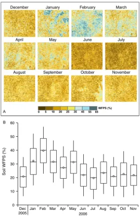 Fig. 9. (A) Soil moisture classification for the period December 2005 to November 2006 in terms of Soil Water Filled Pore Space (WFPS), resolution 1 km