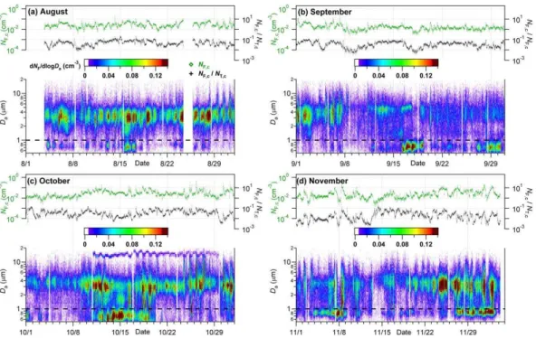 Fig. 2. Time series of FBAP number concentrations (panel top halves) and size distributions (panel bottom halves) for each month of the measurement period (plots analogous to Fig