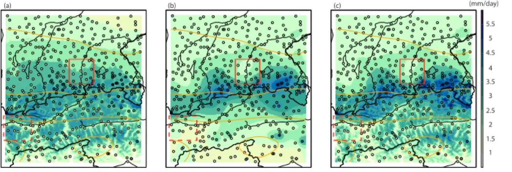 Fig. 4. Distribution of DJF long-term mean precipitation (mm day −1 ) as estimated by (a) a multi- multi-linear regression using as predictors elevation and gradients at three spatial scales (75, 25 and 1 km, LM9eg), (b) ordinary kriging (OK, no topographi