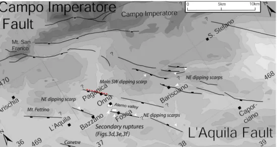 Fig. 2. Detailed topographic map in the L’Aquila area showing the fault segments and the primary surface ruptures with red dashed line (modified from Michetti et al., 2000; Roberts and Michetti, 2004; Papanikolaou et al., 2005).