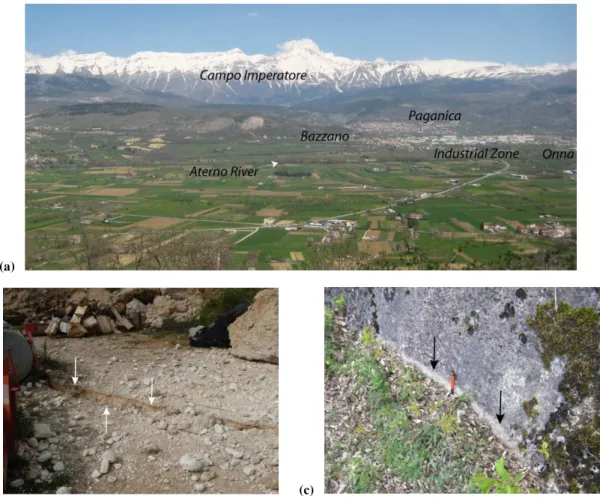 Fig. 3. (a) View of the Aterno Valley and the Campo Imperatore. (b) Surface ruptures in Paganica (courtesi E