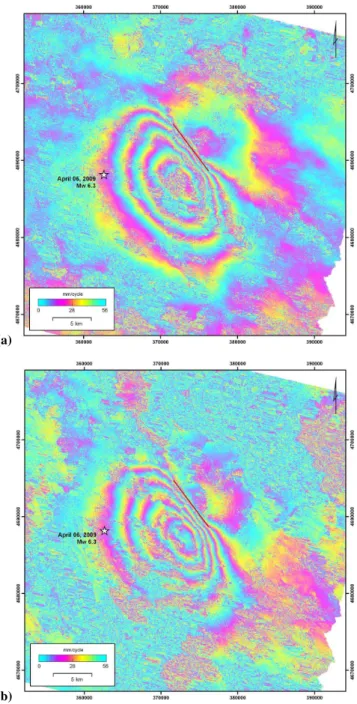 Fig. 4. Coseismic differential interferograms of the April 2009 L’Aquila earthquake, (a) covering the periods between April 2008–