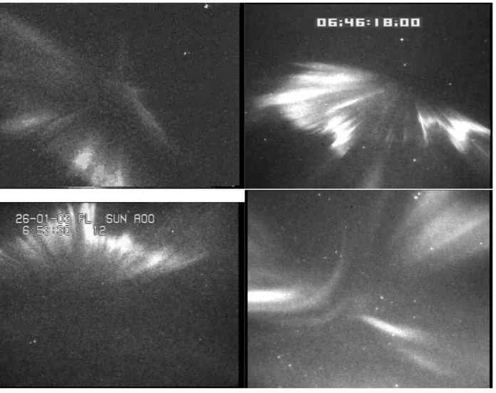 Fig. 1. Typical images from three of the events, and a fourth image, in the lower right frame, which shows a coronal aurora from event X with no associated enhanced ion-acoustic echoes
