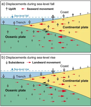 Fig. 5. Sketch summarizing the vertical and horizontal displace- displace-ments resulting from (a) a falling sea level and (b) a rising sea level (not to scale).