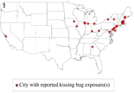 Fig 1. Geographic distribution of reported kissing bug bite accounts in 1899.