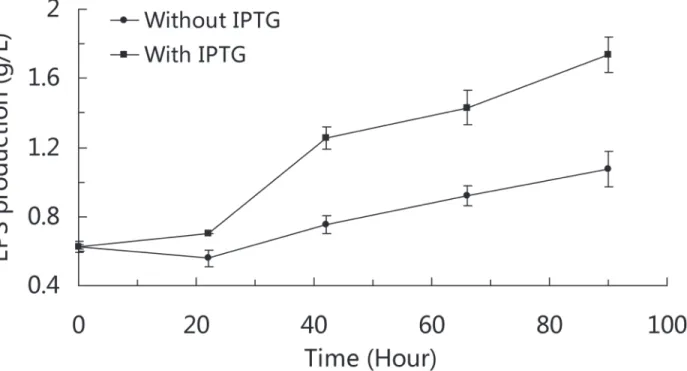 Fig 3. EPS production curve of SM-A87 induced with and without IPTG. Strains were grown in the basal medium supplemented with sucrose and galactose