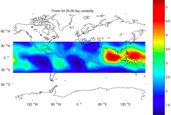 Fig. 1. Map of the spectral power of OLR in the period of 25–29 day.