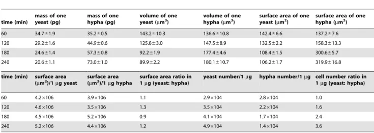 Table 1: To determine the DM per yeast cell at the indicated time points the correlation coefficient factors of DM versus time and cell number versus time were used.