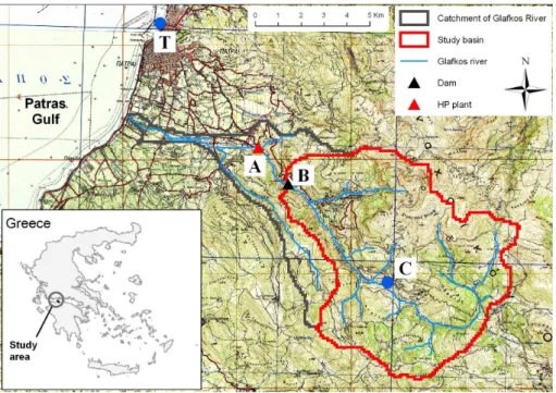 Fig. 2. The catchment of the Glafkos river in West Greece; see Sect. 2 for details.