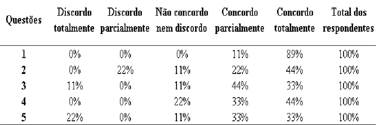 Tabela 2 – Resultados da aplicação em números percentuais.  