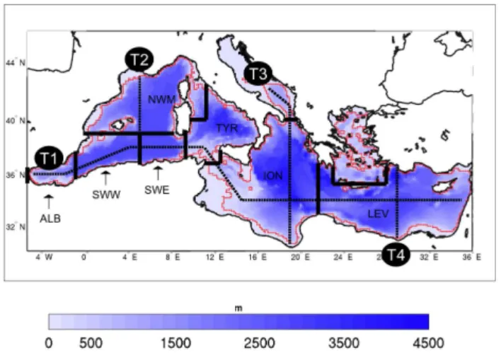 Fig. 1. Map of Mediterranean Sea bathymetry, with a-priori defined regions (delimited by solid black lines) and T1, T2, T3 and T4  tran-sects (dashed black lines)