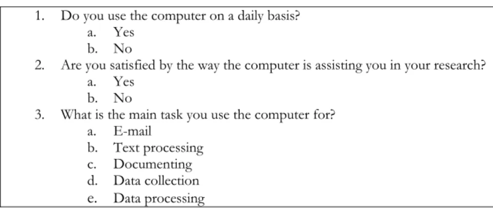 Table 1. Questionnaire for assessing computer use in research  1. Do you use the computer on a daily basis? 