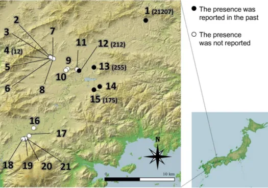 Fig 1. The location of 21 ponds in the field survey. The numbers correspond to the site IDs in Table 1.