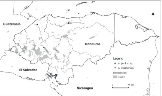 Figure 1. Occurrence records of the two species of Amphipteryx found in Honduras. Arrow indicates  the North.