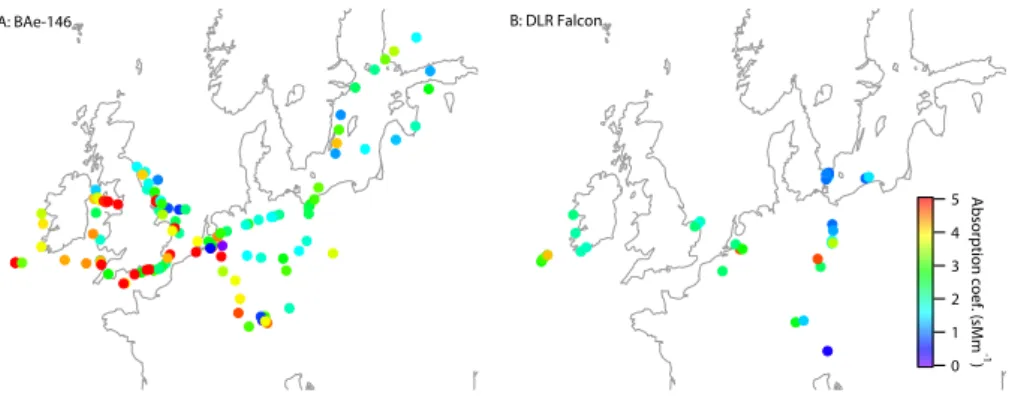 Fig. 7. Maps showing average aerosol light absorption coefficients measured by particle soot absorption photometers on the (a) FAAM and (b) DLR research aircraft