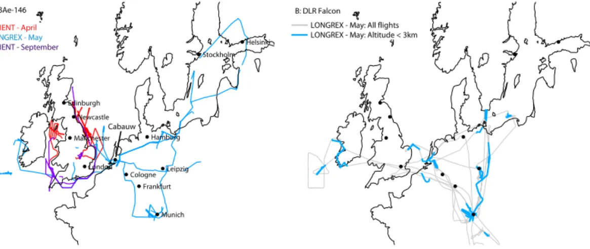 Fig. 1. Map showing flight tracks (restricted to altitudes below 3 km) during the April and September 2008 ADIENT and May 2008 EUCAARI-LONGREX measurement periods for the FAAM BAe-146 research aircraft and flight tracks during May 2008 for the DLR Falcon r
