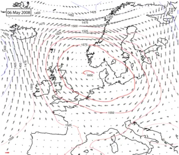 Fig. 2. Map showing the ECMWF re-analysis 850 hPa geopoten- geopoten-tial height (m) at 12:00 UTC for the 6 May 2008 flights (B362 and B363)