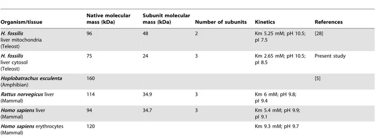 Table 4. Properties of H. fossilis cytosolic arginase (ARG I) compared with ARG I of different vertebrates.
