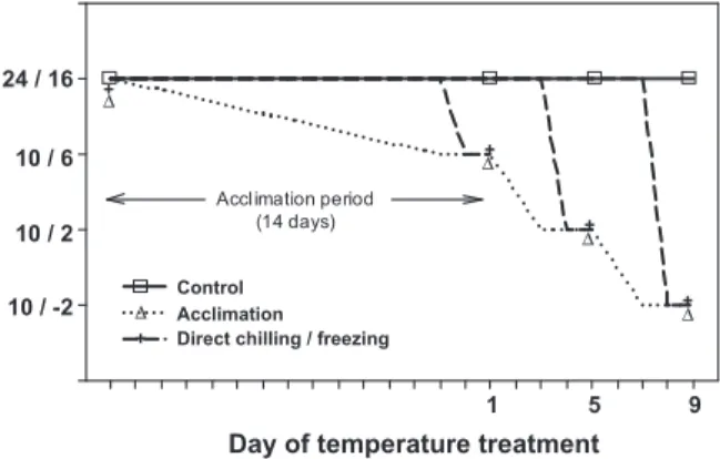 Figure 1. Day and night air temperature of control, acclimation and direct chilling/freezing treatments throughout the experiment.