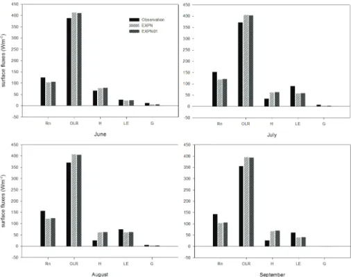 Fig. 5. Control simulation of Noah LSM. EXPN01 denotes the monthly averaged results when C = 0.1.