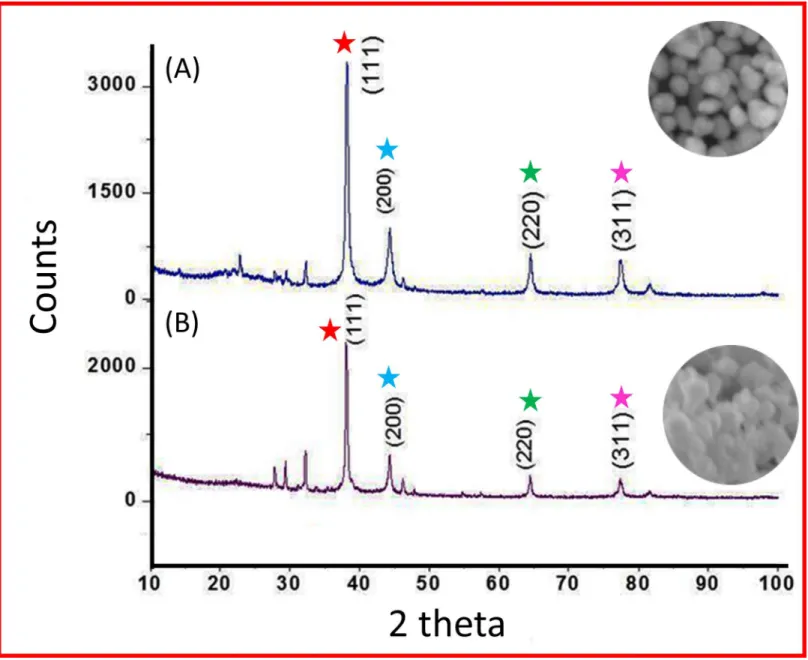 Fig 5. X-ray diffraction analysis. (A) CMC@AgNPs and (B) SA@AgNPs. Peak comparison is indicated by respective colored stars.