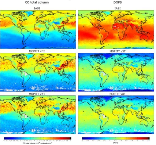 Figure 3. (Top panel) CO total column distributions and DOFS for April 2010, for IASI, (middle panel) MOPITT v5T and (bottom panel) MOPITT vX1