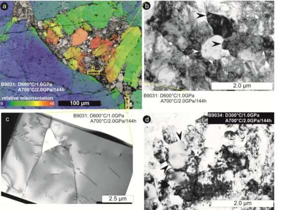 Fig. 4. (a) EBSD map with relative misorientation and (b, c) TEM micrographs of sample B9031, deformed at 600 ◦ C and annealed at 700 ◦ C for 144 h