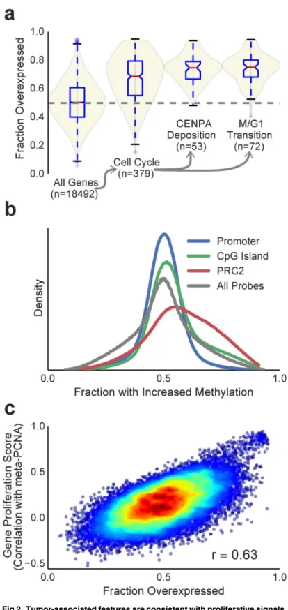 Fig 2. Tumor-associated features are consistent with proliferative signals. (a) Violin plots showing distribution of mRNA level f up statistic (fraction overexpressed) across all genes, compared to genes annotated to the cell cycle and its subsets: “ depos