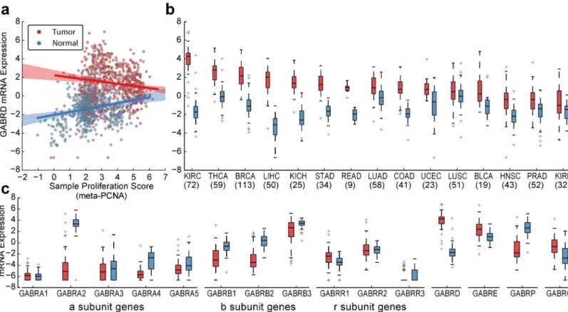 Fig 3. GABRD is tumor-associated, independent of proliferation. (a) Scatter-plot comparing GABRD gene expression profiles to proliferation scores across matched tumor and normal samples