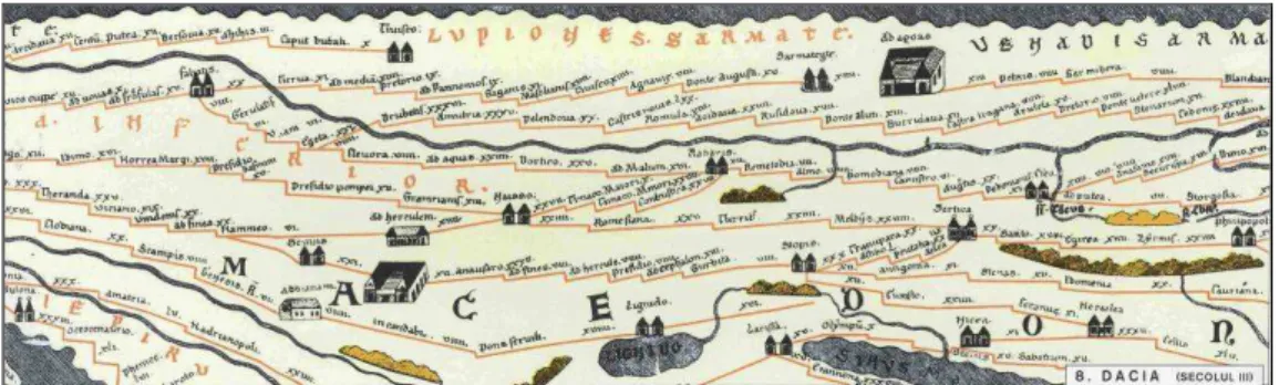Figure 1. A fragment of Tabula Peutingeriana mentioning Pelendava  (Source: România. Atlas istorico-geografic, 1996, pag
