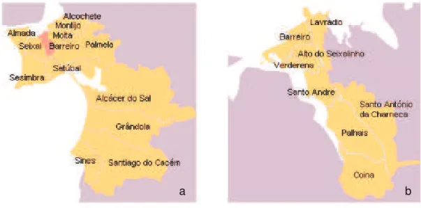Figura 4.2 Posicionamento do Concelho do Barreiro no Distrito de Setúbal (a) e constituição  por Freguesias (b) fonte: Moreira, 2007 