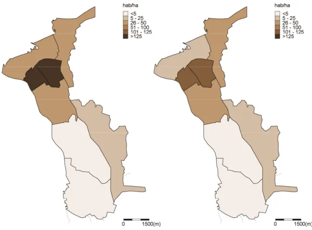 Figura 4.4 Densidade Populacional em 1991 (à esquerda) e 2001 (à direita) 