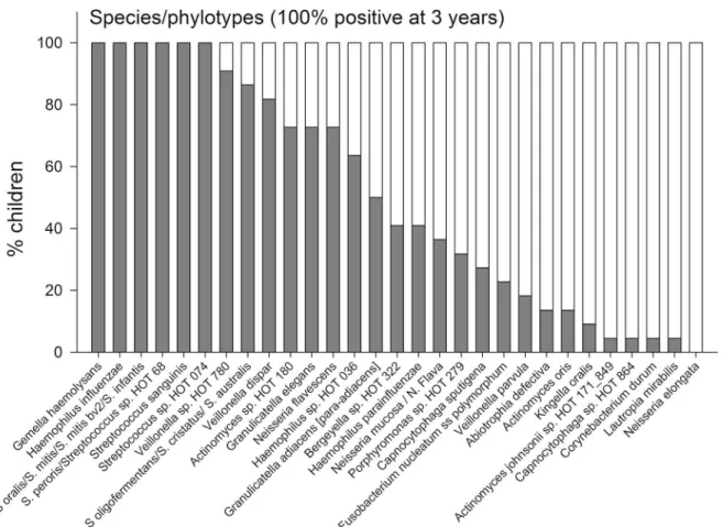 Fig 4. Species/phylotype prevalence. Prevalence at 3-months and 3-years of age of species/phylotypes detected in all (100%) of the children at 3 years of age.