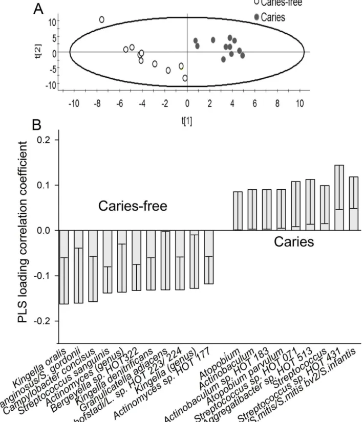 Fig 9. Partial least-squares analysis (PLS) of microbiota associated with having caries or not at 3 years of age (A) Scatter-loading plot illustrating clustering of children having caries or being caries-free